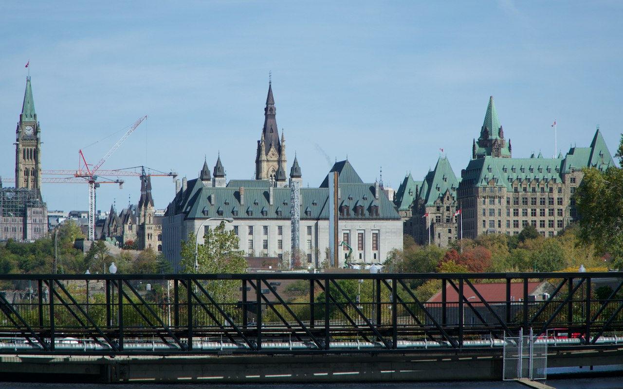 Grand historic buildings under a clear blue sky